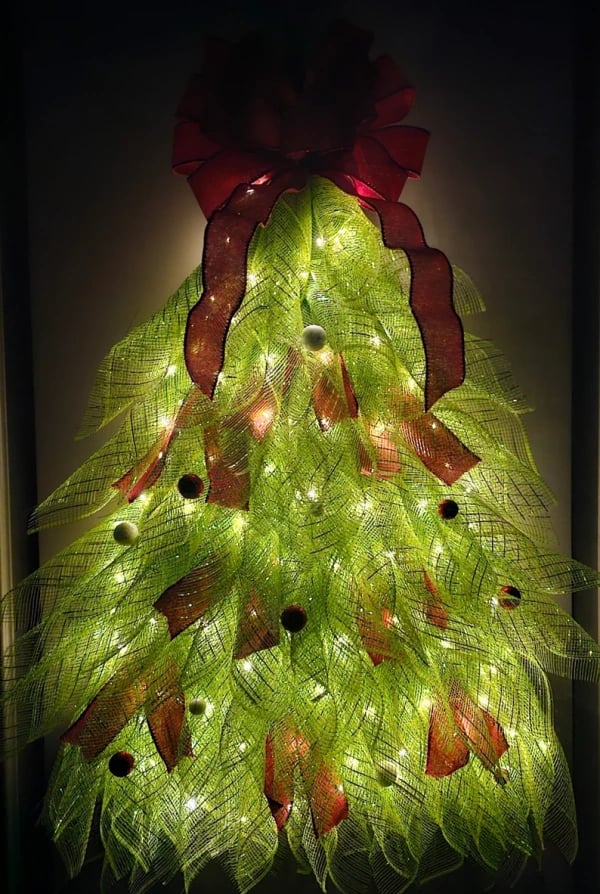 Christmas Tree Door Garland | 40 x 20 cm | Handmade Weatherproof Burlap with Bow, Berries & Warm Light Options 2