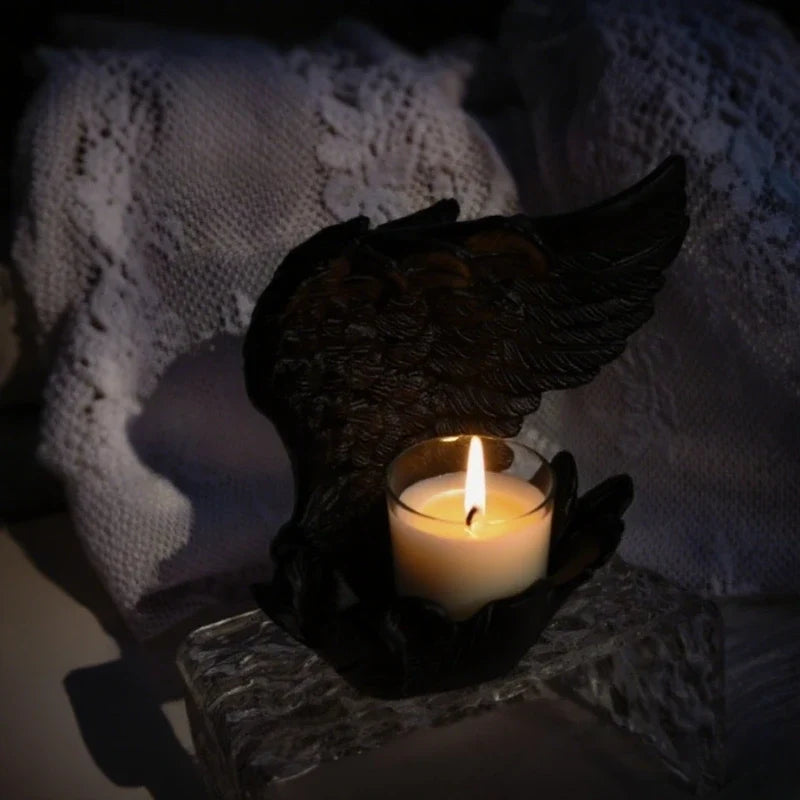 Angel Wing Candle Holder, Resin, 10 x 8 x 6 cm | White or Black | Sculpted Feathers Cast Soft Flickering Light 11