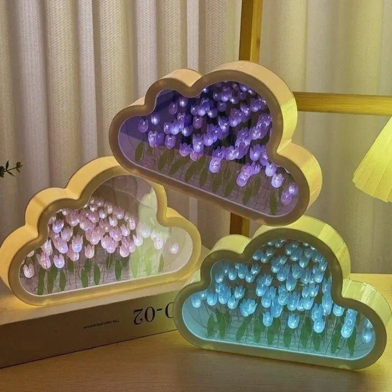 Tulip Cloud Night Light Acrylic | Mirrored Infinity Effect | 20 Warm White Tulips, Cordless, Medium & Large, 50-Hour Battery 8