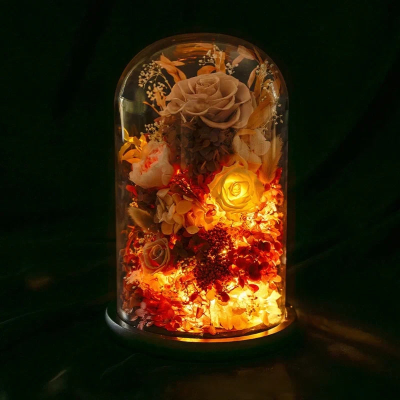 Preserved Flower Glass Dome Night Light | Dried Rose, Dandelion or Poppy-Pinecone Design | Warm White Ambient Glow 4