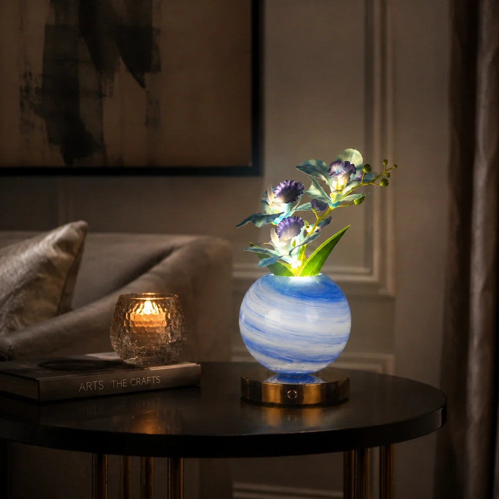 Orchid Vase Lamp, Rechargeable Cordless | Wrought Iron and Glass, 28 x 12 x 12 cm | Azure, Champagne, Blush, Dimmable 1