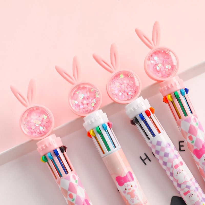 10-In-1 Rabbit Ballpoint Pen Plastic | Rotatable 3D Rabbit Top with 10 Ink Colours | Smooth Writing Gift for Women