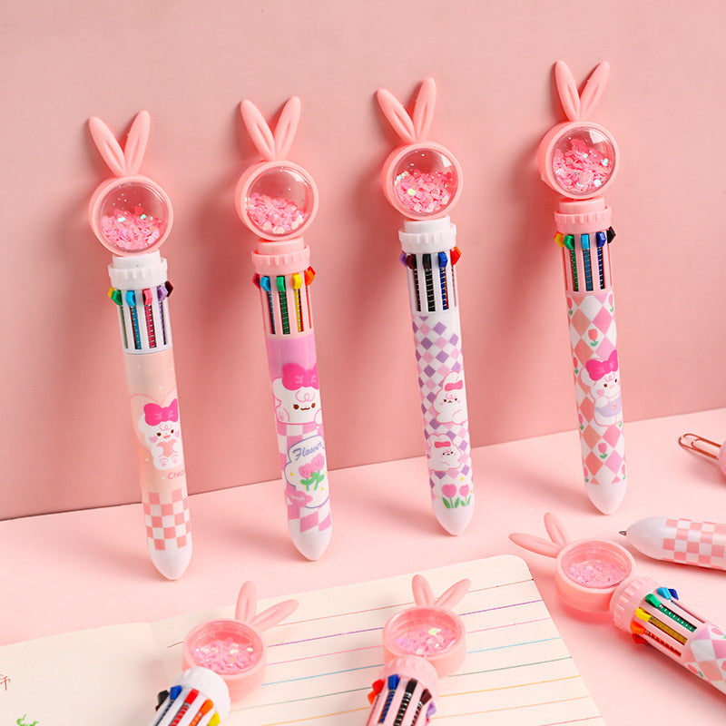 10-In-1 Rabbit Ballpoint Pen Plastic | Rotatable 3D Rabbit Top with 10 Ink Colours | Smooth Writing Gift for Women
