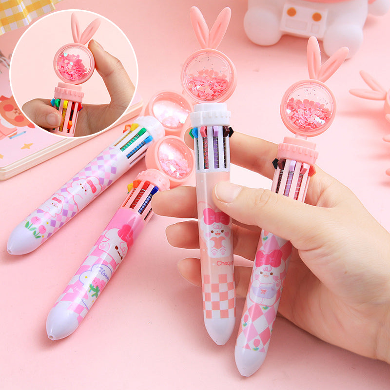 10-In-1 Rabbit Ballpoint Pen Plastic | Rotatable 3D Rabbit Top with 10 Ink Colours | Smooth Writing Gift for Women