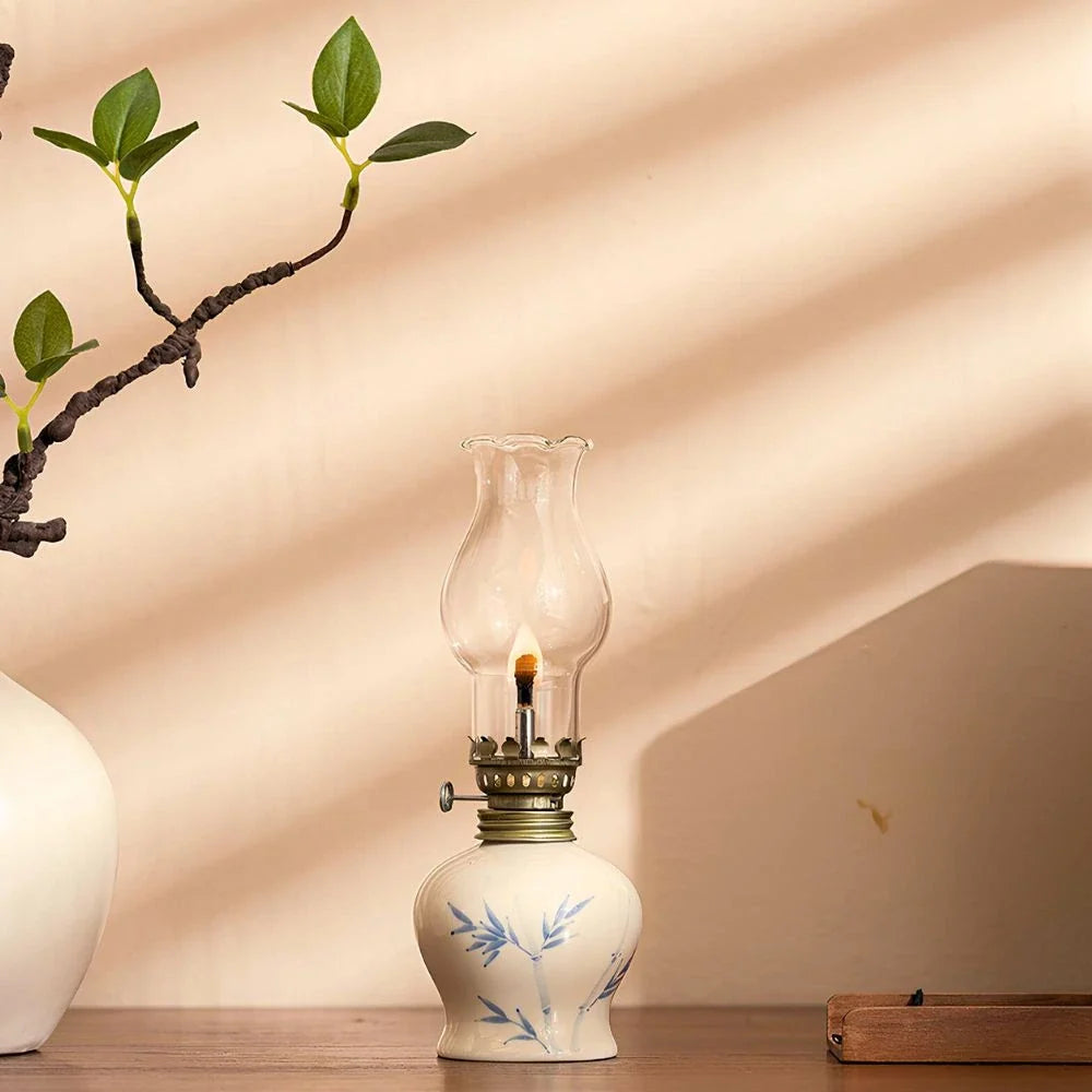 Ceramic Oil Lantern with Glass Shade, 18 cm | Adjustable Wick Flame, Bud or Classic Shape | Windproof Ambient Lighting 6