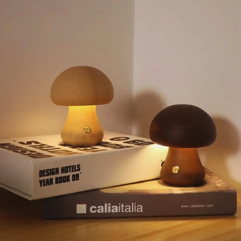 Wooden Mushroom Table Lamp Solid Wood | Cordless Rechargeable Dimmable Nightlight | Up to 10 Hours Warm White Glow 13