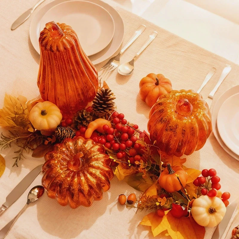 Hand-Blown Glass Pumpkin Lamp Autumn Decor | Built-In 6-Hour Timer Function | Silvered Glass Finish, Battery Powered 24