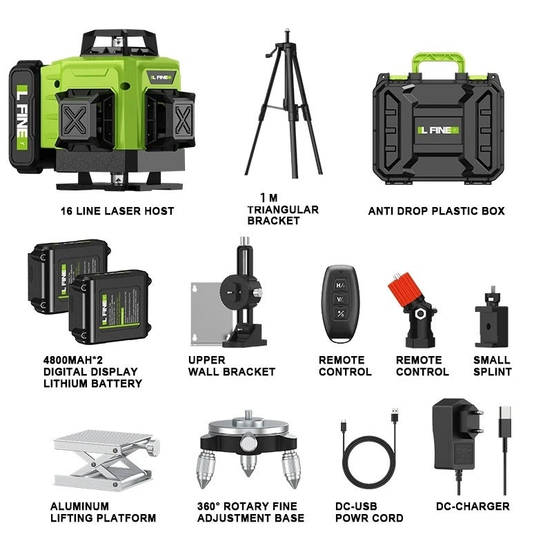 16-Line 4D Laser Level | 360° Horizontal & Vertical Coverage with Bluetooth App Control | 4800mAh Battery, IP54 Rated