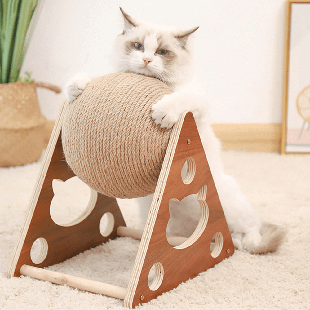 Cat Scratching Ball Toy Hemp Rope | Spinning Exercise Ball & Wooden Stand | Protects Men's Furniture From Scratches 1