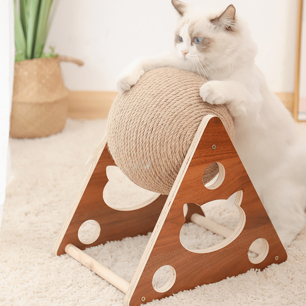 Cat Scratching Ball Toy Hemp Rope | Spinning Exercise Ball & Wooden Stand | Protects Men's Furniture From Scratches 2