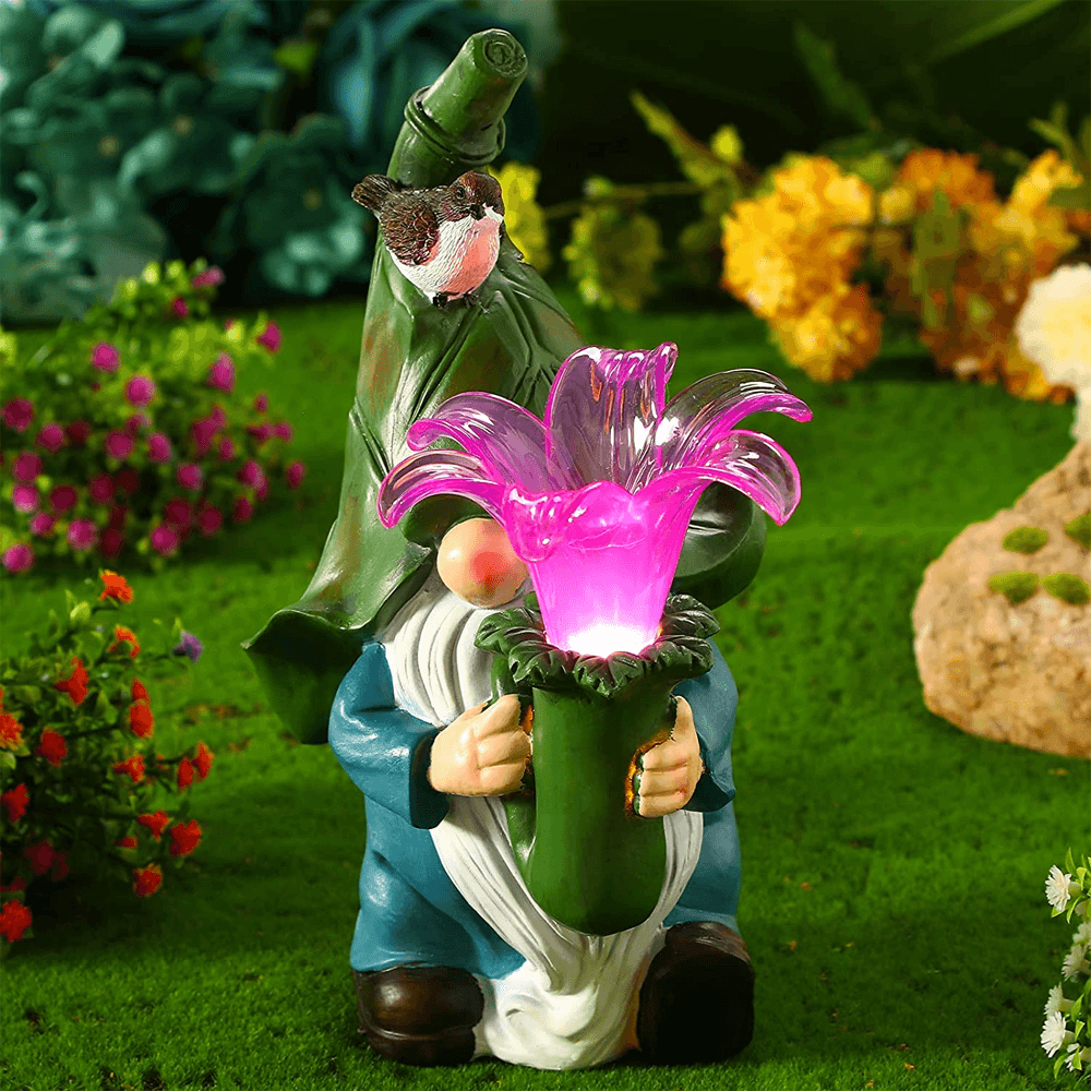 Solar Garden Lights Gnome Resin Outdoor Figure with Automatic Dusk Sensor