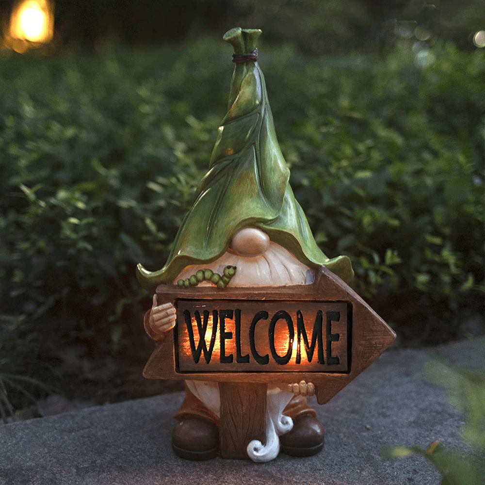 Solar Garden Lights Gnome Resin Outdoor Figure with Automatic Dusk Sensor