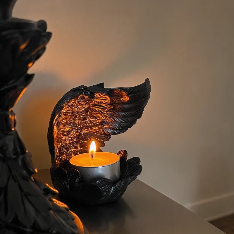 Angel Wing Candle Holder, Resin, 10 x 8 x 6 cm | White or Black | Sculpted Feathers Cast Soft Flickering Light 6