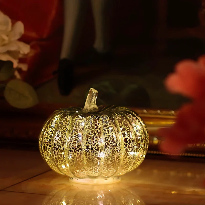 Hand-Blown Glass Pumpkin Lamp Autumn Decor | Built-In 6-Hour Timer Function | Silvered Glass Finish, Battery Powered 6