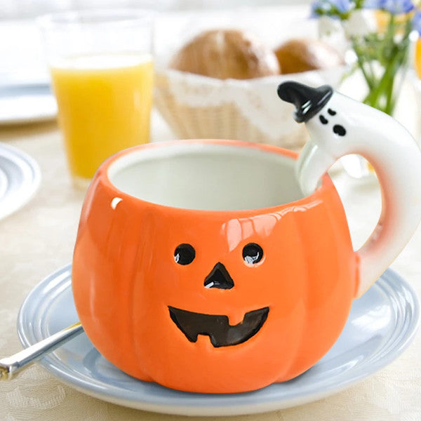 Pumpkin Shaped Coffee Mug Halloween Decoration | Ghost Handle Design | Ceramic Build Holds Coffee Tea Apple Cider 1