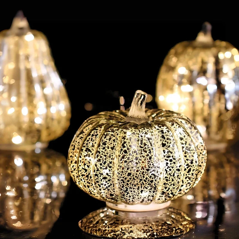 Hand-Blown Glass Pumpkin Lamp Autumn Decor | Built-In 6-Hour Timer Function | Silvered Glass Finish, Battery Powered 18