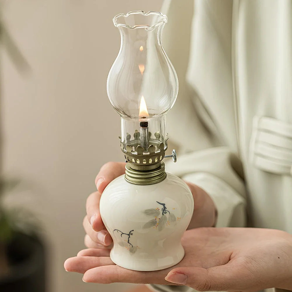 Ceramic Oil Lantern with Glass Shade, 18 cm | Adjustable Wick Flame, Bud or Classic Shape | Windproof Ambient Lighting 18