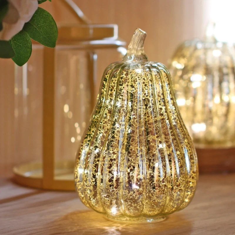Hand-Blown Glass Pumpkin Lamp Autumn Decor | Built-In 6-Hour Timer Function | Silvered Glass Finish, Battery Powered 7