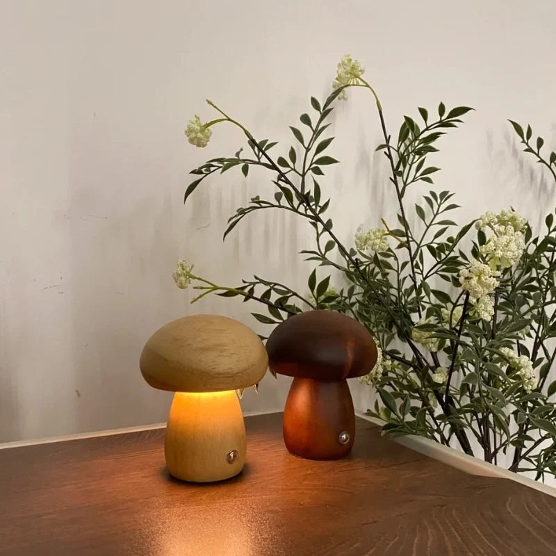 Wooden Mushroom Table Lamp Solid Wood | Cordless Rechargeable Dimmable Nightlight | Up to 10 Hours Warm White Glow 12