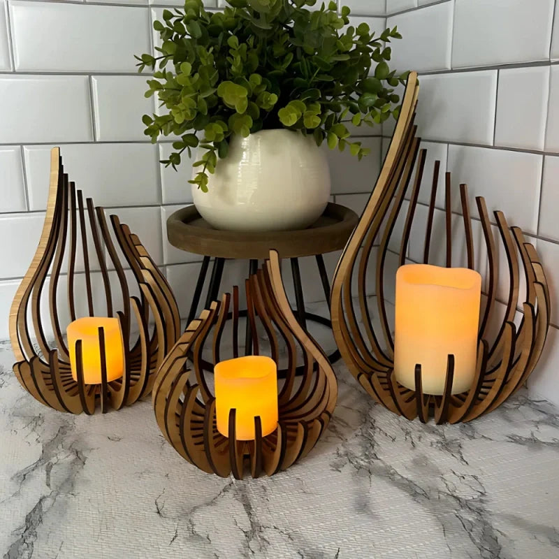 Wooden Teardrop Candle Holder, 16.5-29.5 cm | Hollow Carved Shadow Design | DIY Puzzle Assembly, Available in 4 Sizes 1