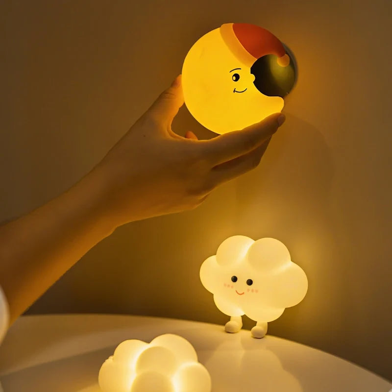 Silicone Night Light 9 cm | Star, Moon or Cloud Shape | Squeeze-Control, Rechargeable, Warm White Glow, Nursery Gift 9