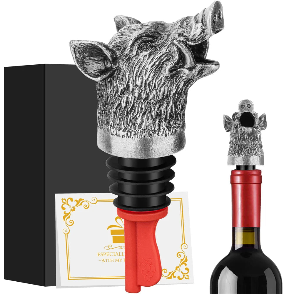 2-in-1 Wine Pourer Bottles | Cast Boar Head, Ribbed Collar
