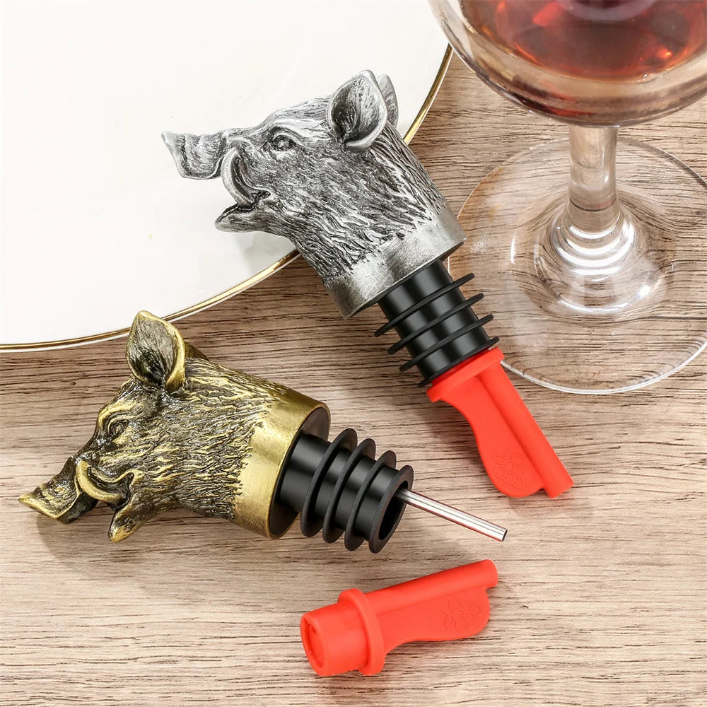 2-in-1 Wine Pourer Bottles | Cast Boar Head, Ribbed Collar