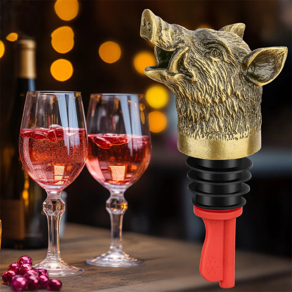 2-in-1 Wine Pourer Bottles | Cast Boar Head, Ribbed Collar