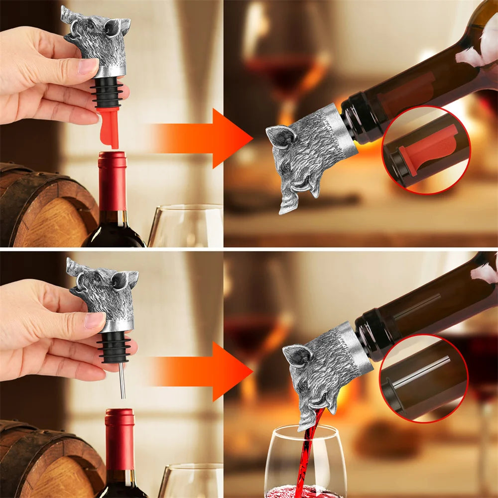 2-in-1 Wine Pourer Bottles | Cast Boar Head, Ribbed Collar