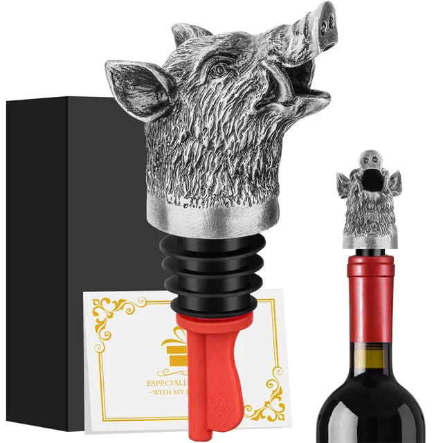 2-in-1 Wine Pourer Bottles | Cast Boar Head, Ribbed Collar