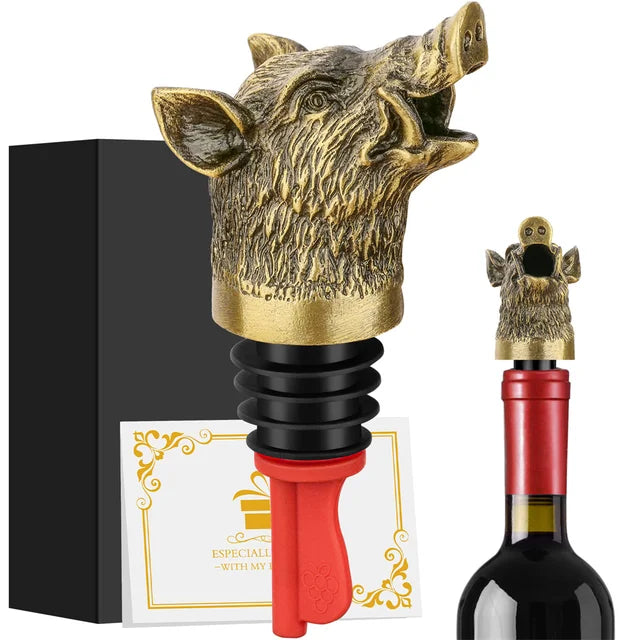 2-in-1 Wine Pourer Bottles | Cast Boar Head, Ribbed Collar