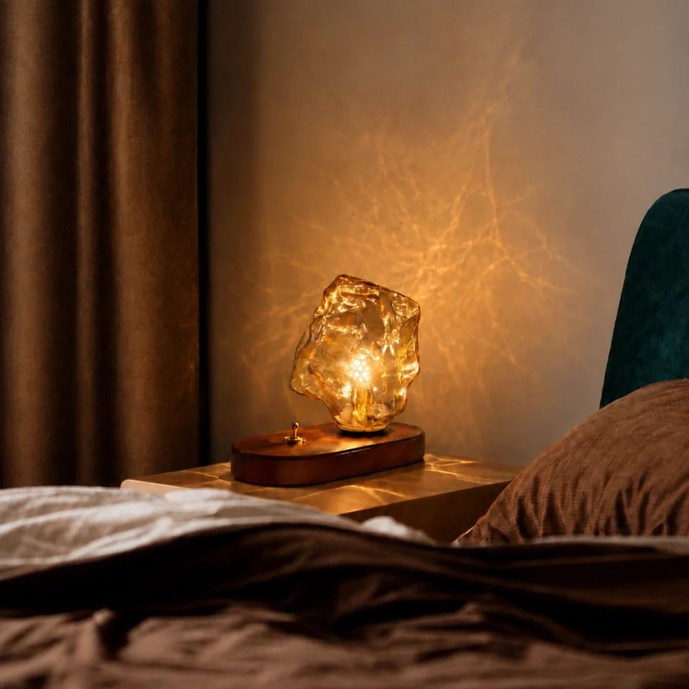 Amber Glass Table Lamp with Oak Base | Textured Glass Casts Warm Ripple Glow | Retro Toggle Switch Plug-In Lamp 3