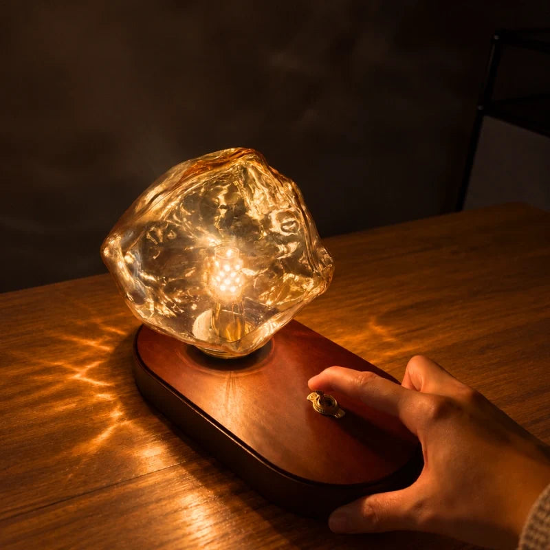 Amber Glass Table Lamp with Oak Base | Textured Glass Casts Warm Ripple Glow | Retro Toggle Switch Plug-In Lamp 4