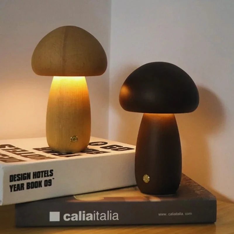 Wooden Mushroom Table Lamp Solid Wood | Cordless Rechargeable Dimmable Nightlight | Up to 10 Hours Warm White Glow 14