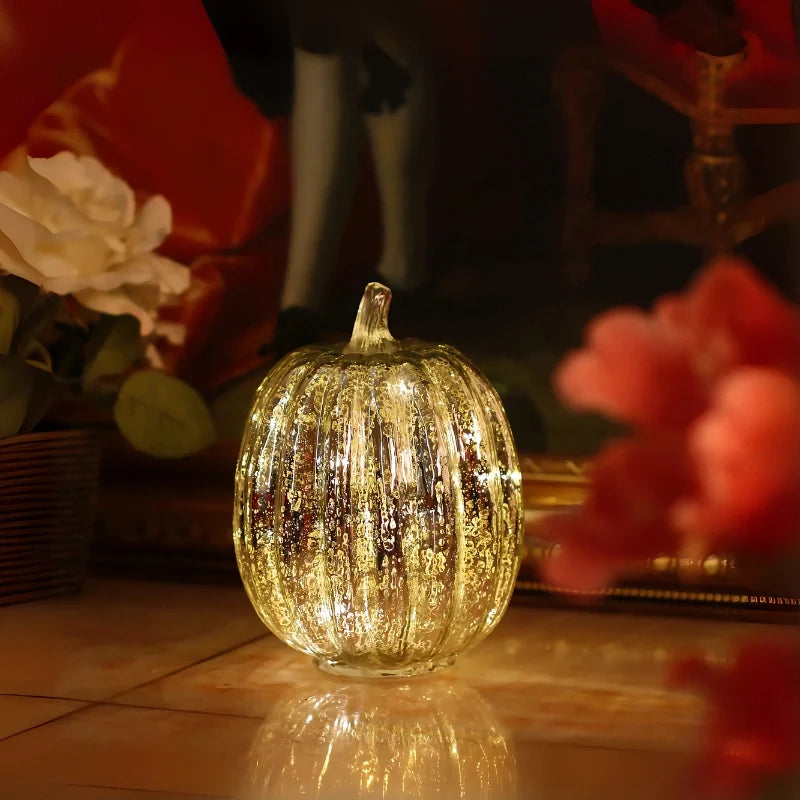 Hand-Blown Glass Pumpkin Lamp Autumn Decor | Built-In 6-Hour Timer Function | Silvered Glass Finish, Battery Powered 10