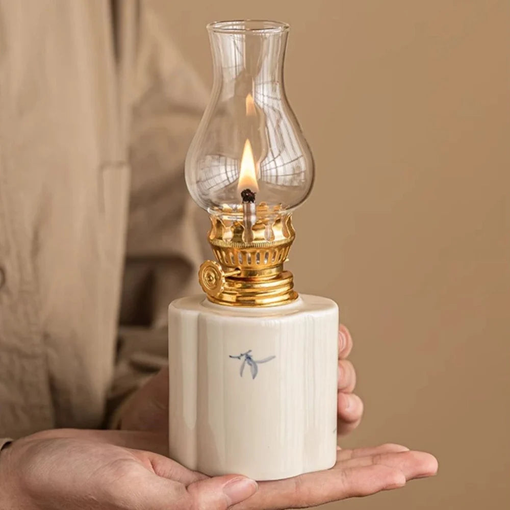 Ceramic Oil Lantern with Glass Shade, 18 cm | Adjustable Wick Flame, Bud or Classic Shape | Windproof Ambient Lighting 13