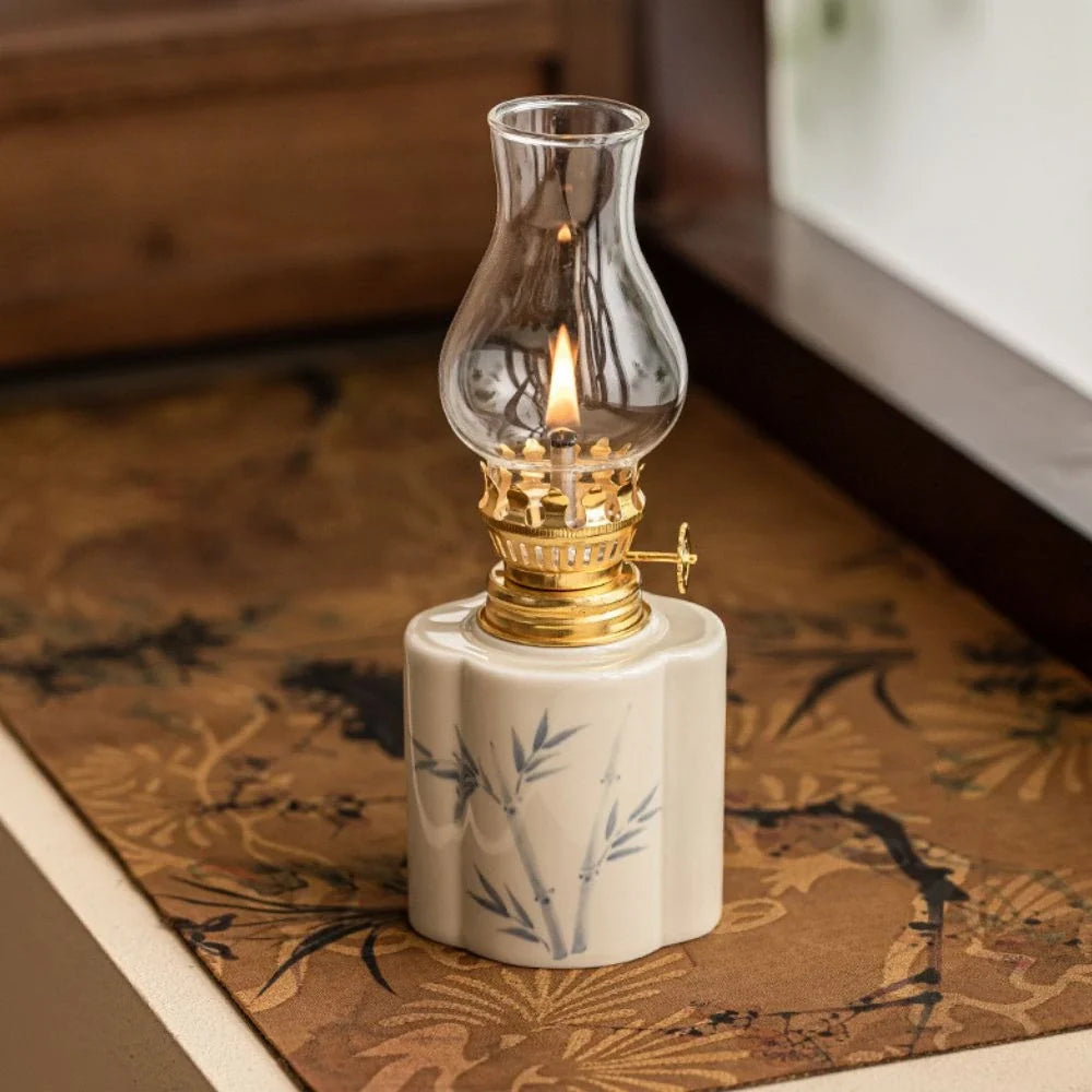 Ceramic Oil Lantern with Glass Shade, 18 cm | Adjustable Wick Flame, Bud or Classic Shape | Windproof Ambient Lighting 4
