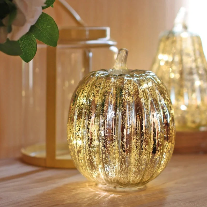 Hand-Blown Glass Pumpkin Lamp Autumn Decor | Built-In 6-Hour Timer Function | Silvered Glass Finish, Battery Powered 19