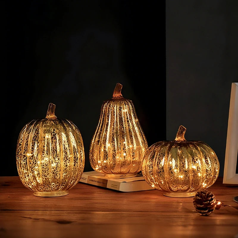 Hand-Blown Glass Pumpkin Lamp Autumn Decor | Built-In 6-Hour Timer Function | Silvered Glass Finish, Battery Powered 8