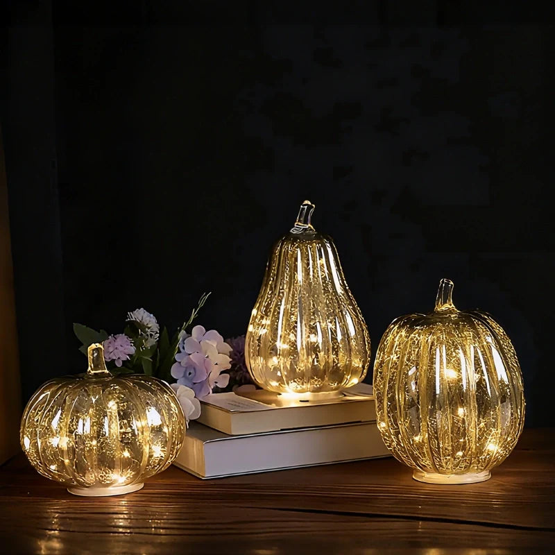 Hand-Blown Glass Pumpkin Lamp Autumn Decor | Built-In 6-Hour Timer Function | Silvered Glass Finish, Battery Powered 15