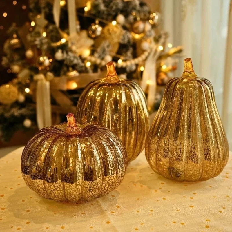 Hand-Blown Glass Pumpkin Lamp Autumn Decor | Built-In 6-Hour Timer Function | Silvered Glass Finish, Battery Powered 14