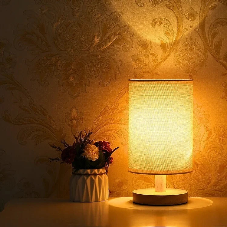 Dimmable Table Lamp with Remote Control, Wood and Cloth | 14 x 28 cm, Plain White or Textured Grey | 3 Light Colours, USB Powered 2