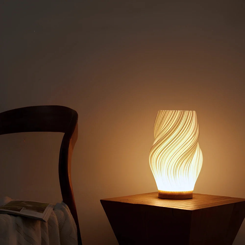 Sculpted Shade Table Lamp Wood Base | Wave, Swirl or Cloud Style, Medium or Large | Dimmable Warm & Natural White, USB Powered 5
