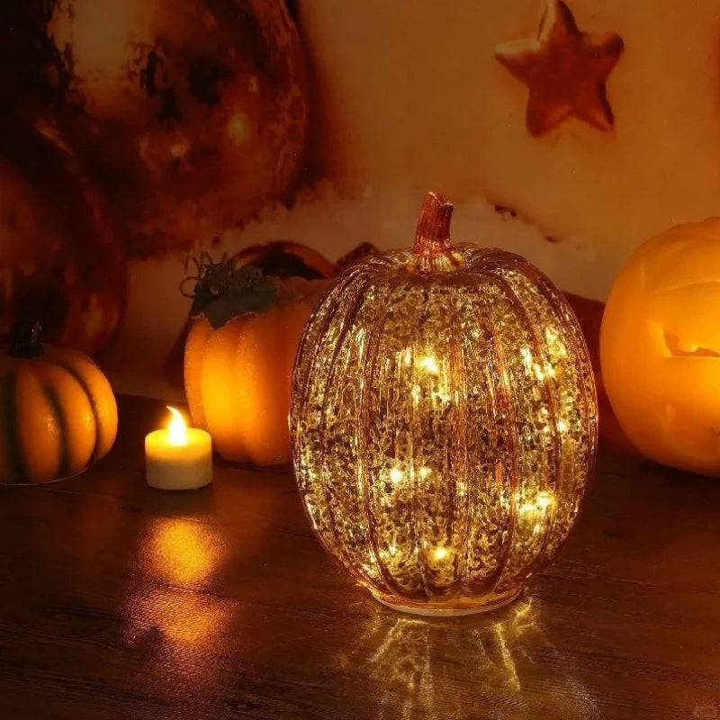 Hand-Blown Glass Pumpkin Lamp Autumn Decor | Built-In 6-Hour Timer Function | Silvered Glass Finish, Battery Powered 3
