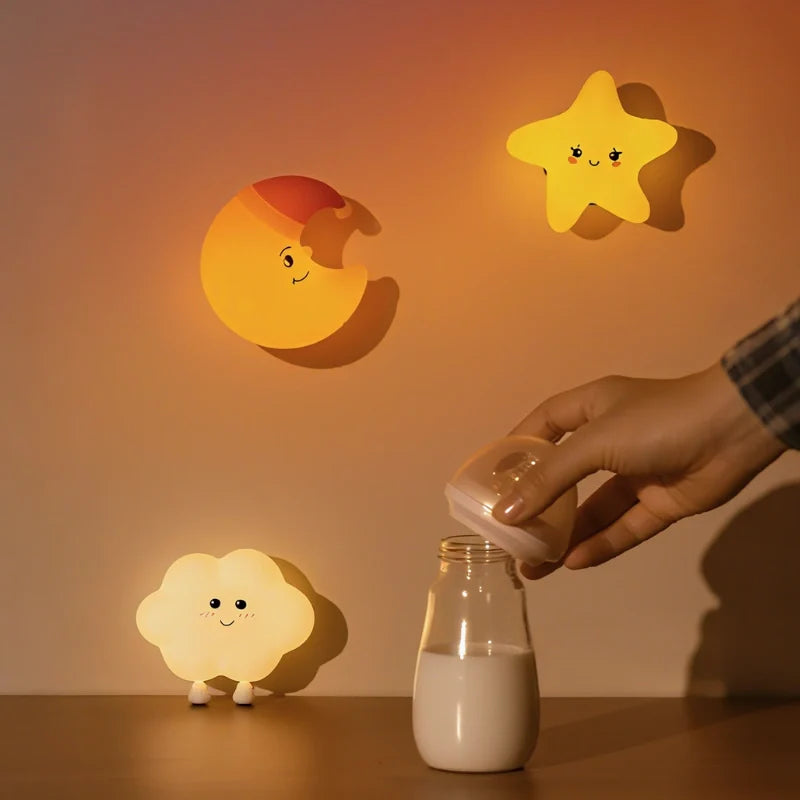 Silicone Night Light 9 cm | Star, Moon or Cloud Shape | Squeeze-Control, Rechargeable, Warm White Glow, Nursery Gift 10