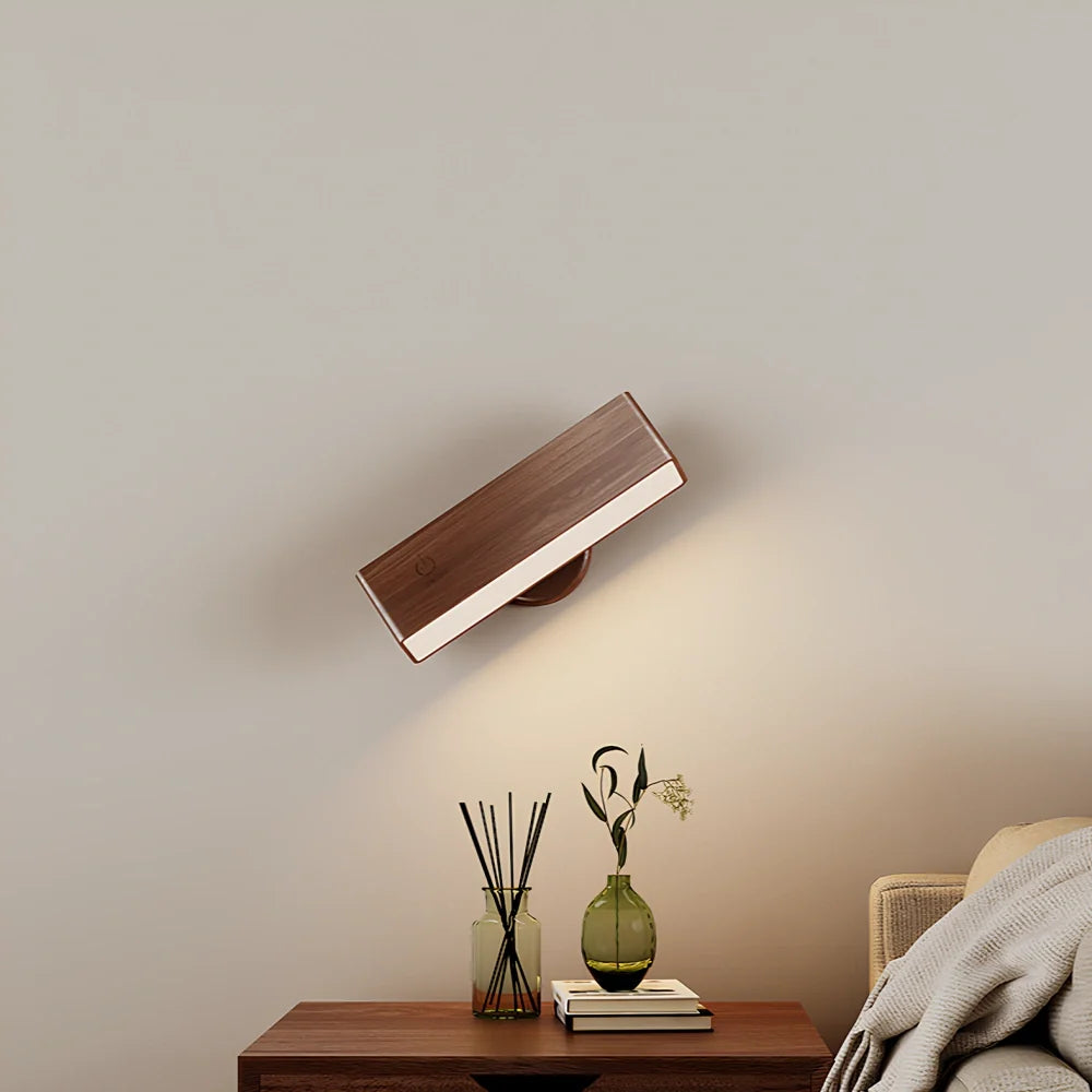 Rotatable Wall Light Wood 12 cm | Rounded or Rectangular, Ash or Walnut | 360° Swivel, Touch Dimmable, Rechargeable 3