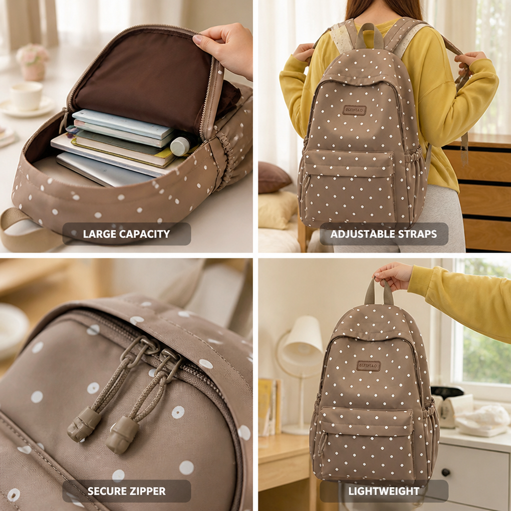 Polka Dot Backpack | Lightweight Large-Capacity Design with Adjustable Straps | Secure Zipper Closure for Everyday Carry 3