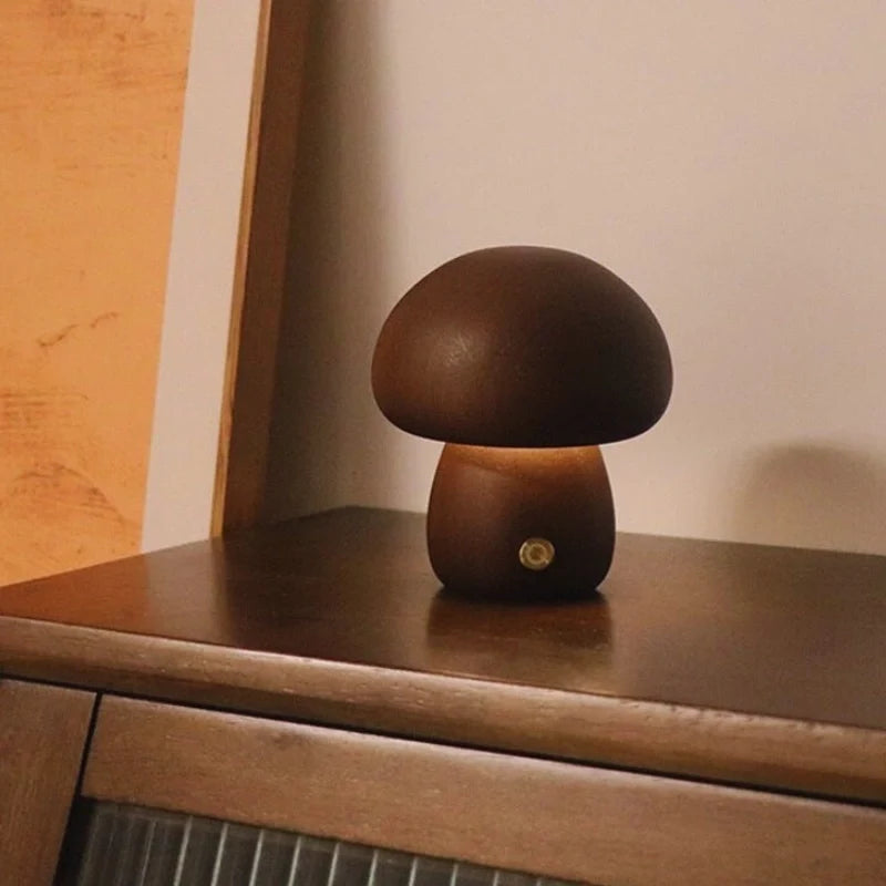 Wooden Mushroom Table Lamp Solid Wood | Cordless Rechargeable Dimmable Nightlight | Up to 10 Hours Warm White Glow 4