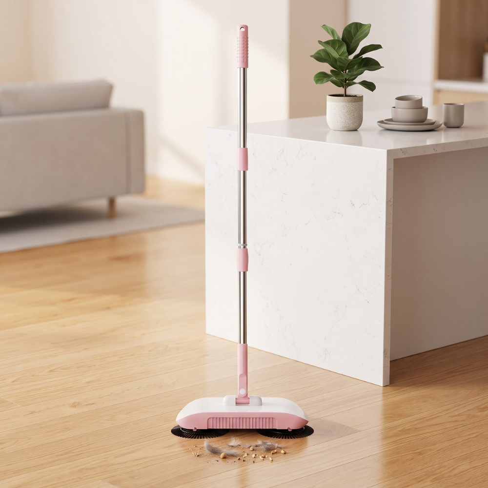 3-In-1 Household Sweeper | Twin Brushes, Push To Sweep