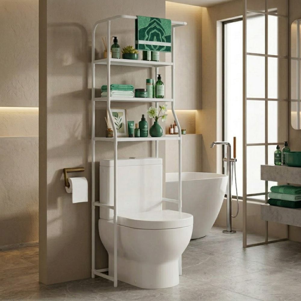 3-Tier Over-Toilet Storage Shelf | Freestanding Unit, No Drilling Required | Integrated Towel Bar, Available in Black or White